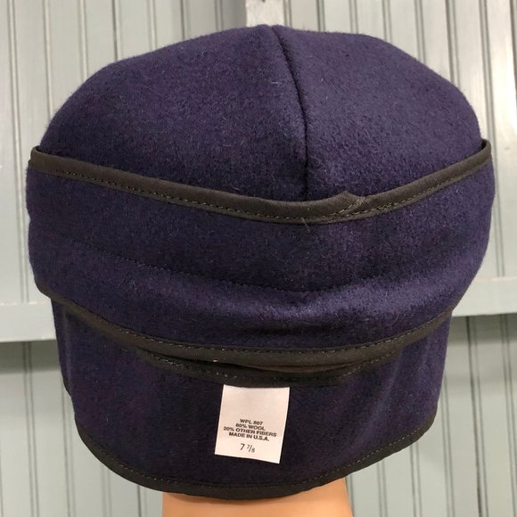 Wool Navy Blue VTG Railroad Langenberg Winter Made USA Ear Flaps Hat 7 7/8 - Picture 9 of 10